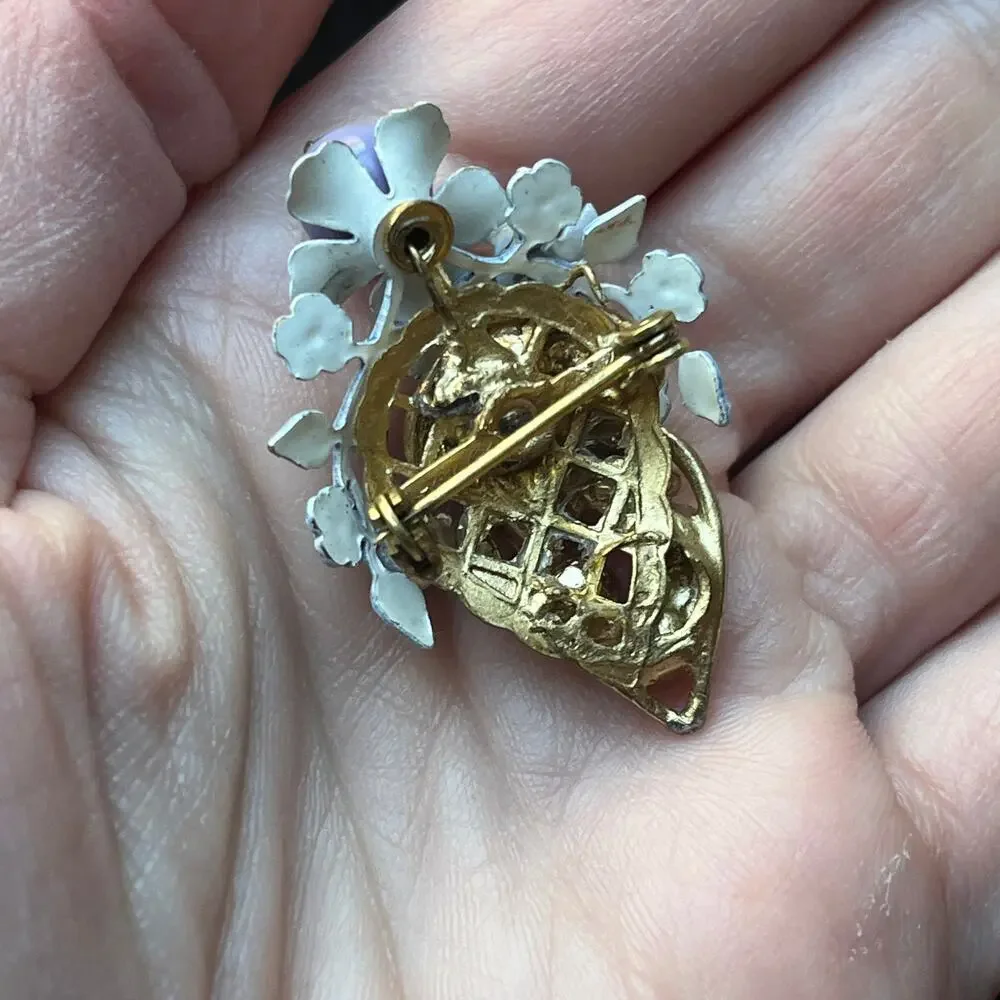 Vintage Gold Tone Floral Blueberry Bush Brooch Blue Flowers AB stones